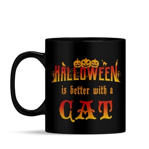 Personalized Halloween is Better with a Cat on 11oz Ceramic Black Coffee Mug