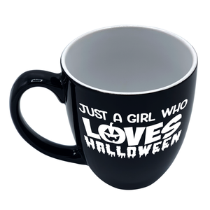 Just a Girl Who Loves Halloween on Black 16oz Halloween Bistro Coffee Mug