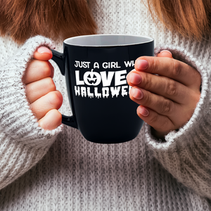 Just a Girl Who Loves Halloween on Black 16oz Halloween Bistro Coffee Mug