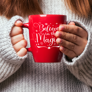 Believe in the Magic on Red 16oz Personalized Christmas Bistro Coffee Mug