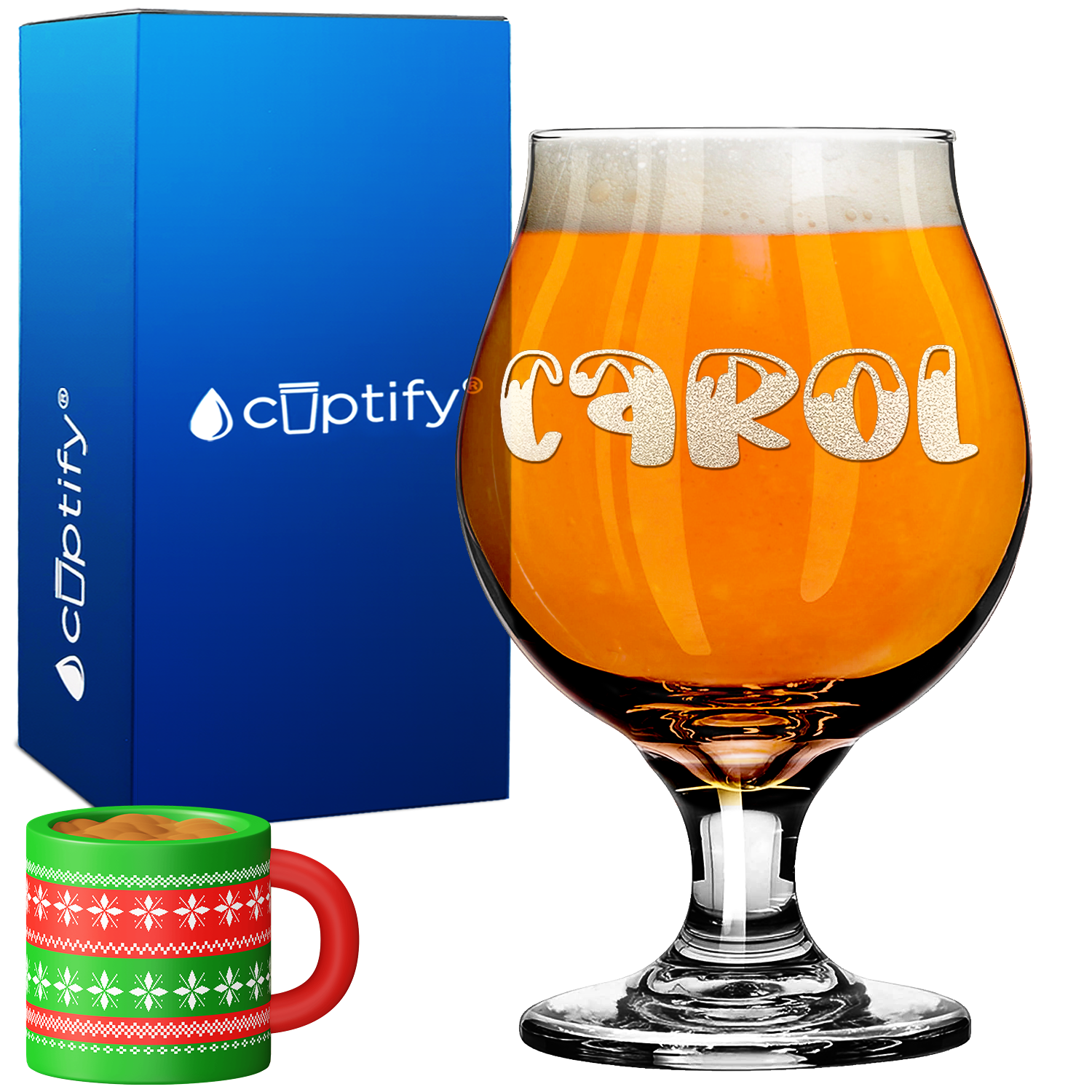 Personalized Frosty Christmas Font 16oz Belgian Beer Glass