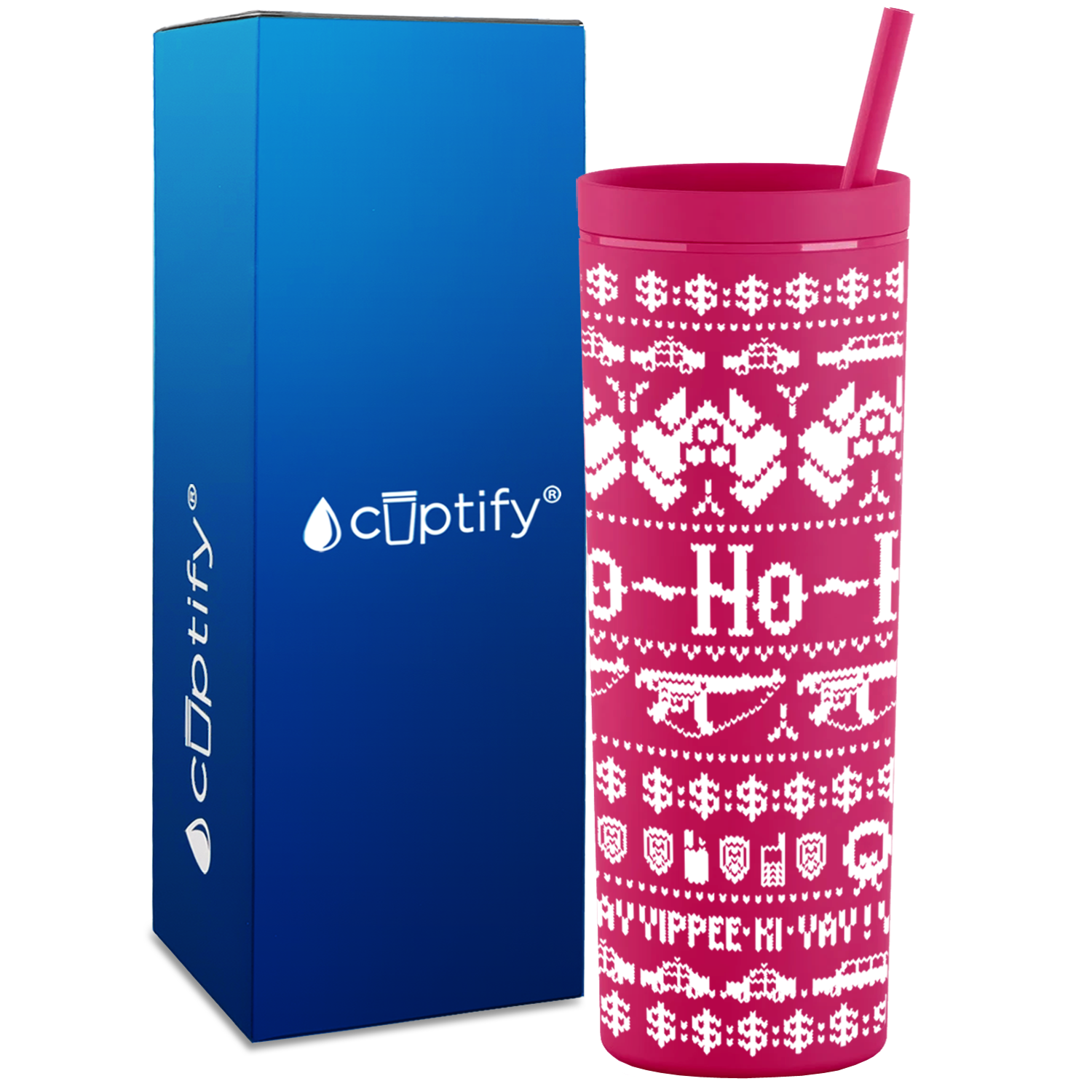 Ho Ho Ho Holiday Sweater on Magenta 18oz Acrylic Skinny Tumbler