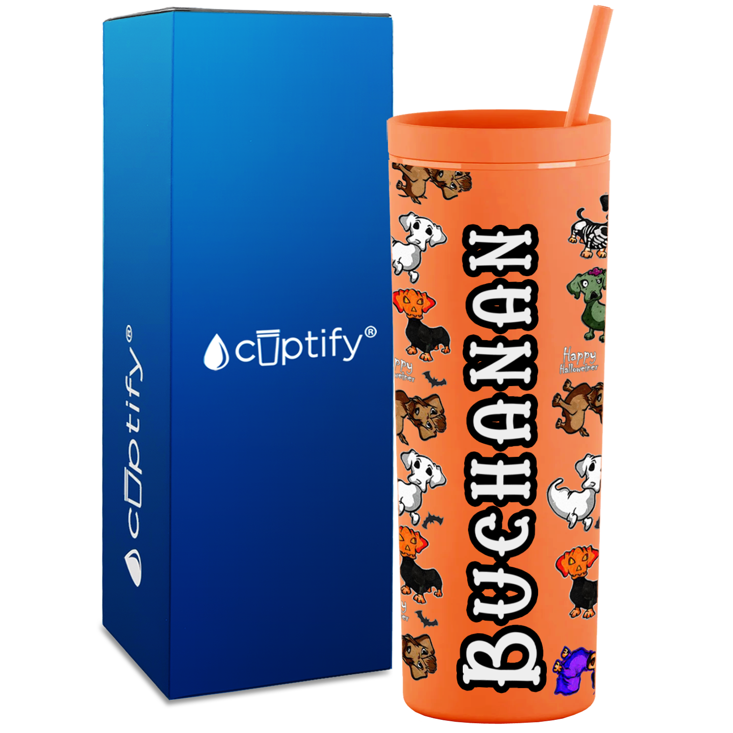 Personalized Happy Halloween Wiener Dog on 18oz Acrylic Skinny Tumbler