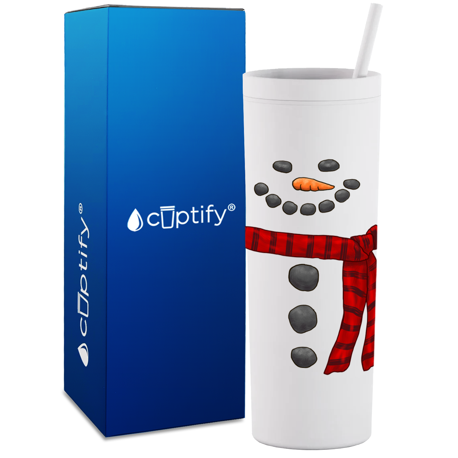 Happy Snowman with Scarf on White 18oz Acrylic Skinny Tumbler