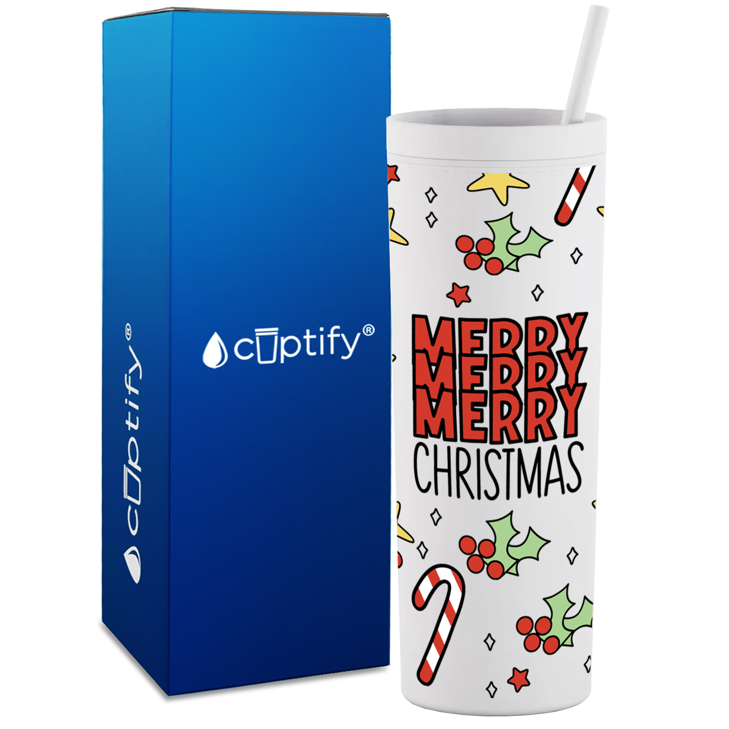 Merry Merry Merry Christmas on White 18oz Acrylic Skinny Tumbler