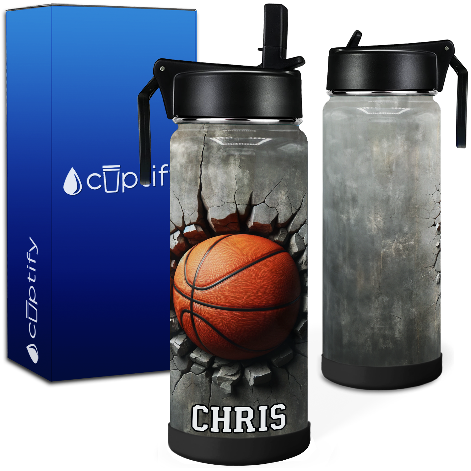 Personalized Basketball Fire and Ice with Name 18oz Kids Water Bottle