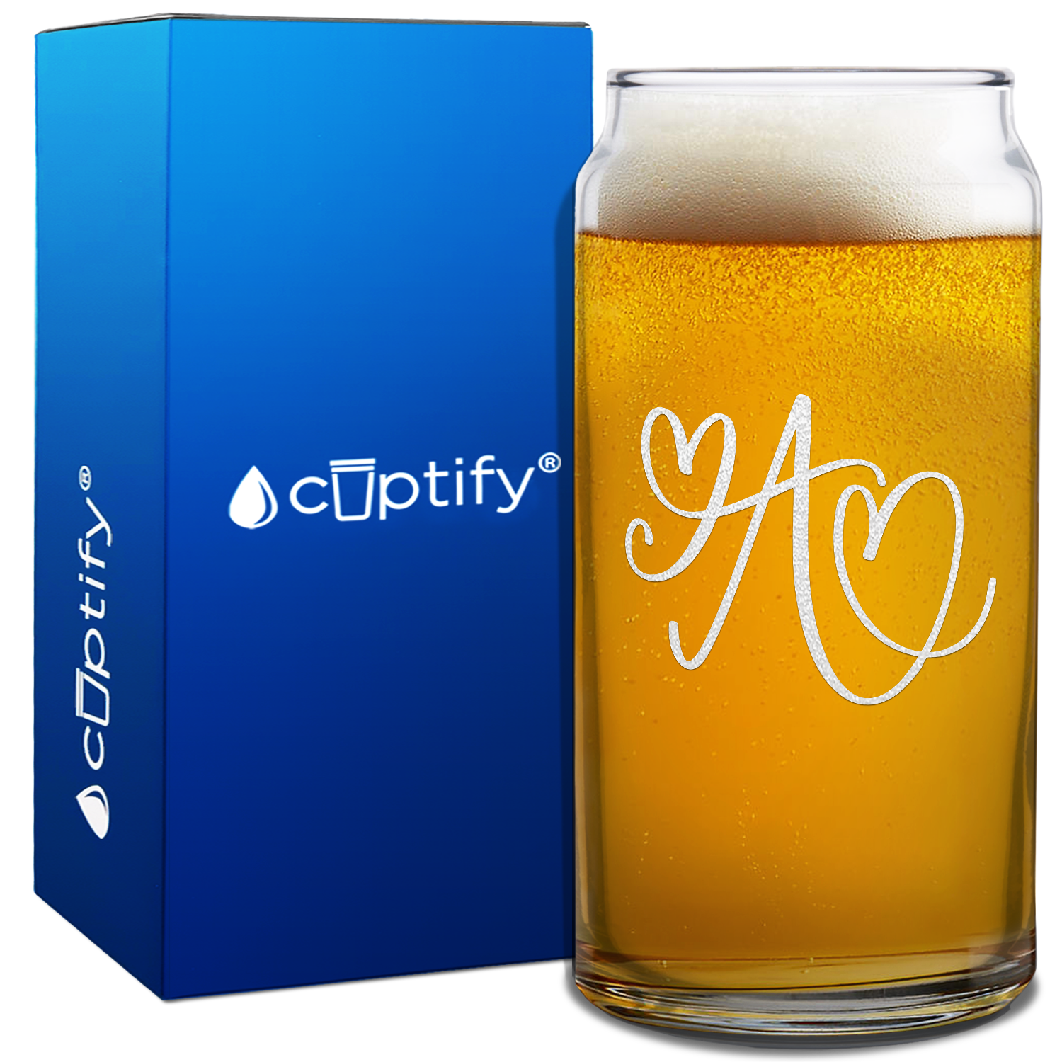 Monogram Hearts Initial Letter on 20oz Beer Can Glass