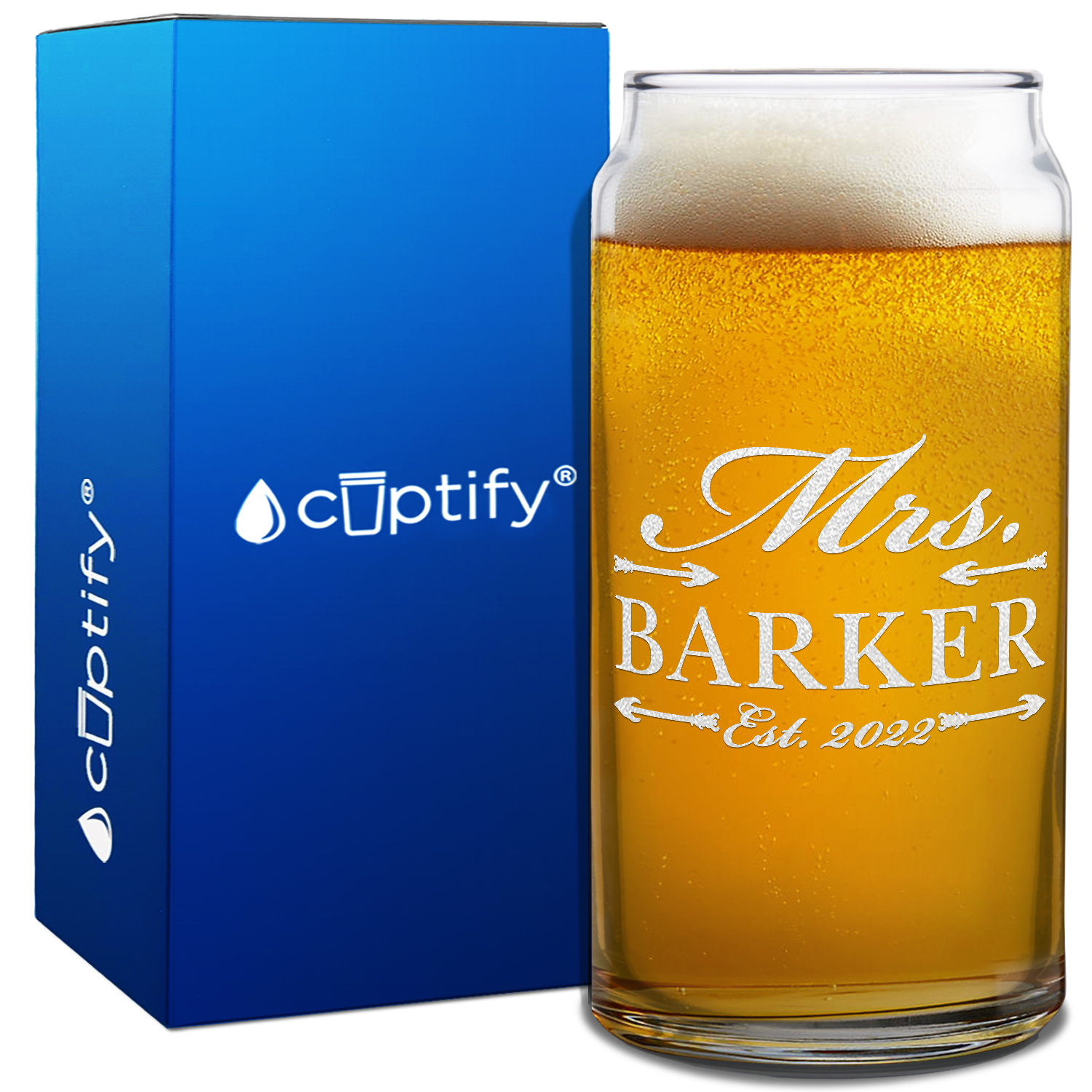 Personalized Mrs. Arrows Beer Can Glass