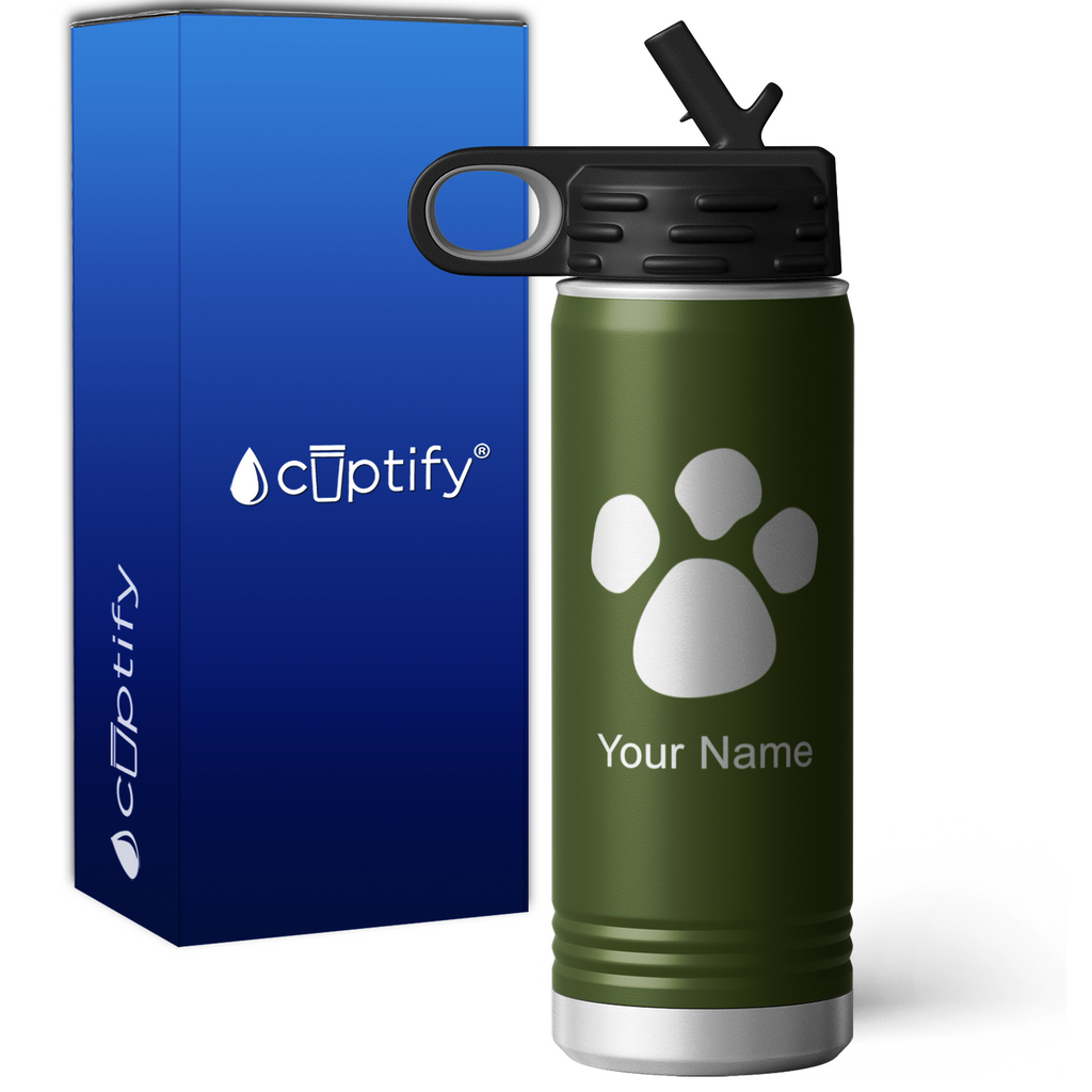 Plastic Opaque Green Paw Print Personalized Water Bottles - 20 oz