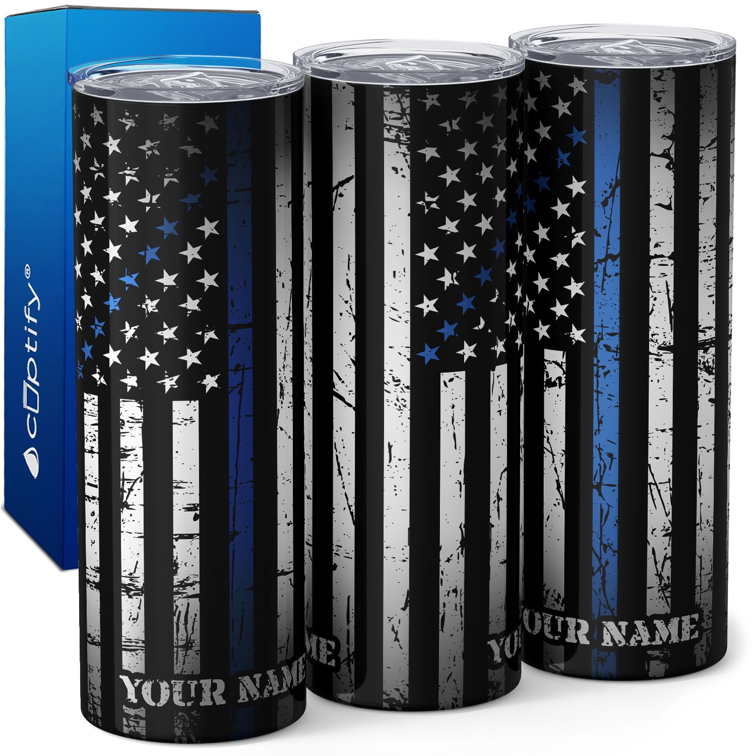 Personalized Police Thin Blue Line Flag 20oz Skinny Tumbler