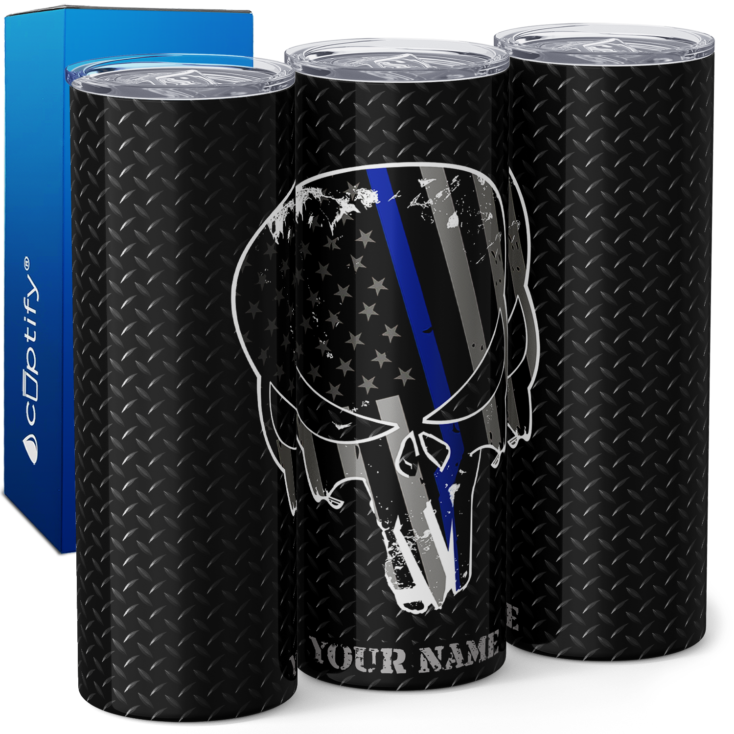 Personalized Thin Blue Line Flag Skull 20oz Skinny Tumbler