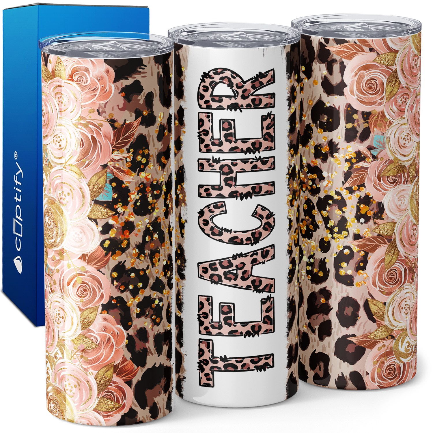 Teacher Leopard Print Pink Roses 20oz Skinny Tumbler