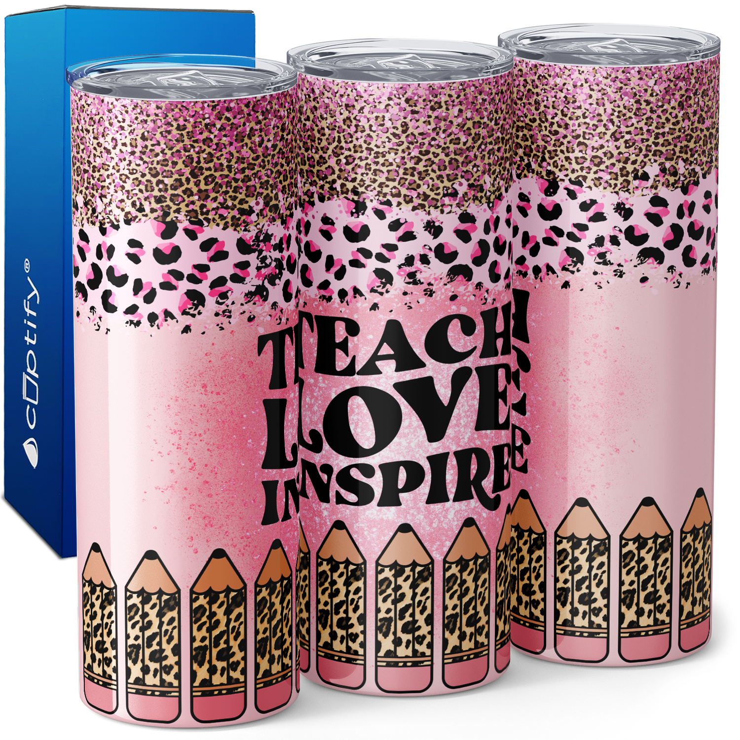 Teach Love Inspire Pink Glitter Leopard Print 20oz Skinny Tumbler