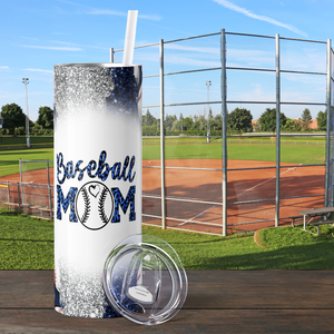 Baseball Mom Blue and Silver Glitter 20oz Skinny Tumbler