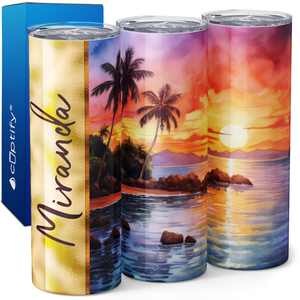 Personalized Beach Sunset with Palm Trees 20oz Skinny Tumbler