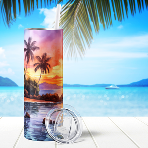 Personalized Beach Sunset with Palm Trees 20oz Skinny Tumbler