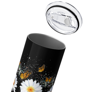 Faith Hope Love Sunflowers Daises on Black Silver Glitter 20oz Skinny Tumbler