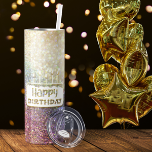 Happy Birthday Cake on Glitter 20oz Skinny Tumbler