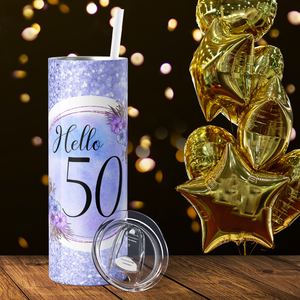 Hello 50 on Blue Glitter 20oz Skinny Tumbler