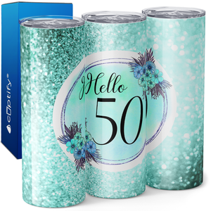 Hello 50 on Green Glitter 20oz Skinny Tumbler