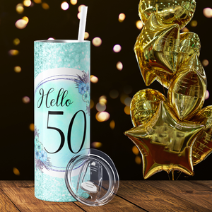 Hello 50 on Green Glitter 20oz Skinny Tumbler