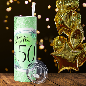 Hello 50 on Lime Glitter 20oz Skinny Tumbler