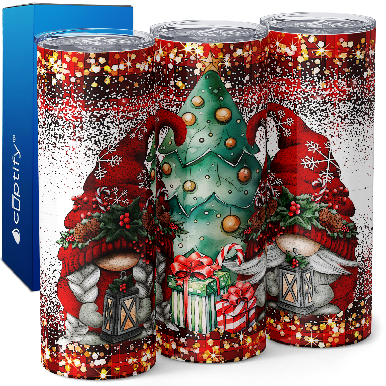 Red Gnomes and Christmas Tree 20oz Skinny Tumbler