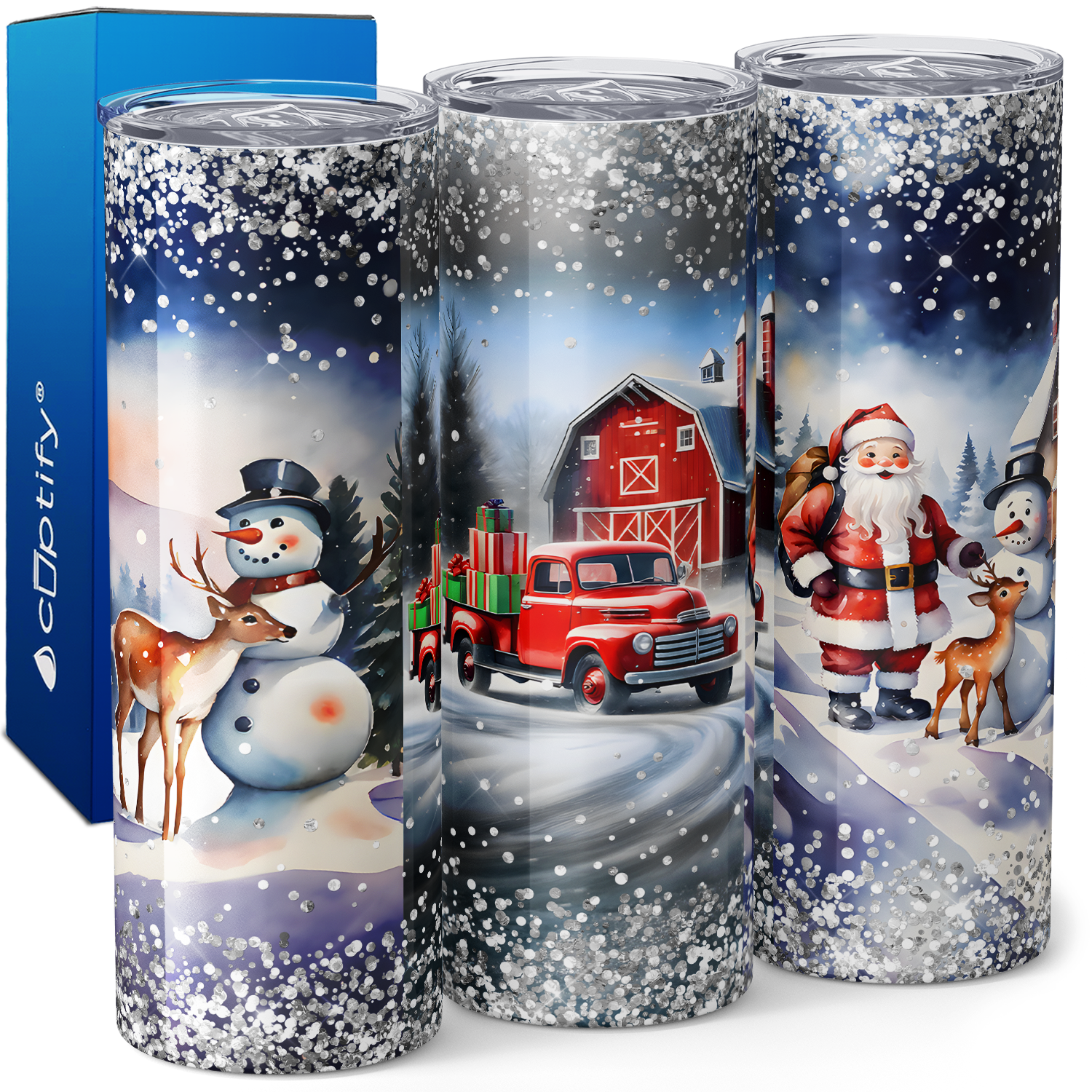 Santa Snowmen Deer and Red Truck 20oz Skinny Tumbler