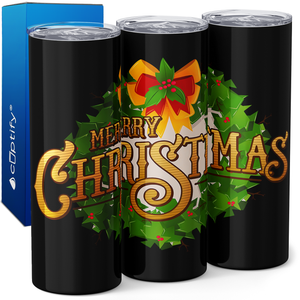 Classic Merry Christmas Wreath 20oz Skinny Tumbler