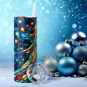 Stained Glass Christmas Tree and Stars on Blue 20oz Skinny Tumbler