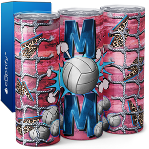 Mom Volleyball Break thru Net on Pink 20oz Skinny Tumbler