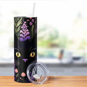 Black Cat Purple Flowers 20oz Skinny Tumbler