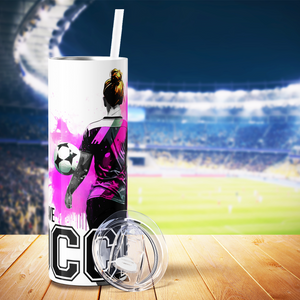 I Can't I Have Soccer on Pink Splash 20oz Skinny Tumbler