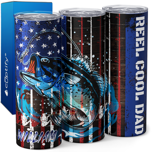 Personalized Reed Cool Dad Fishing on American Flag 20oz Skinny Tumbler