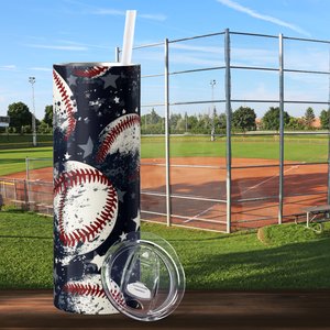 Baseballs on Navy Blue and Stars 20oz Skinny Tumbler