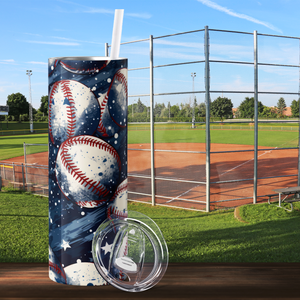 Baseballs on Blue and Stars 20oz Skinny Tumbler