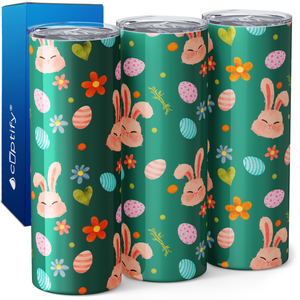 Bunnies Eggs and Flowers on Teal 20oz Skinny Tumbler