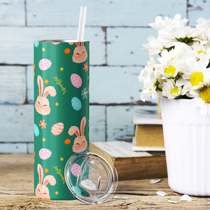 Bunnies Eggs and Flowers on Teal 20oz Skinny Tumbler