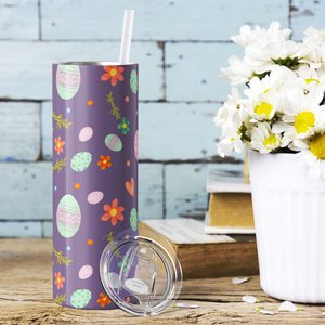 Bunnies Eggs and Flowers on Purple 20oz Skinny Tumbler