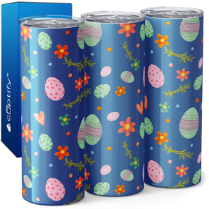 Bunnies Eggs and Flowers on Blue 20oz Skinny Tumbler