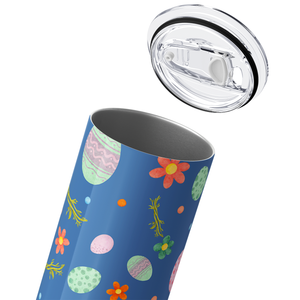 Bunnies Eggs and Flowers on Blue 20oz Skinny Tumbler