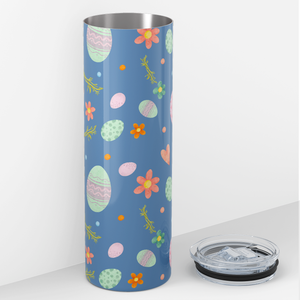 Bunnies Eggs and Flowers on Blue 20oz Skinny Tumbler