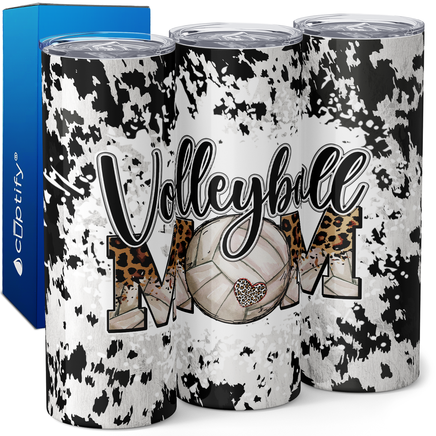 Volleyball Mom on Cowhide Print 20oz Skinny Tumbler