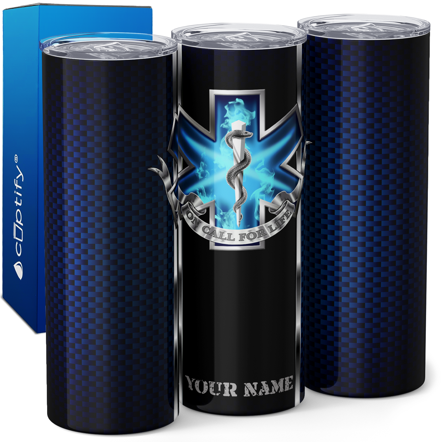 Personalized On Call for Life Blue Carbon Fiber 20oz Skinny Tumbler