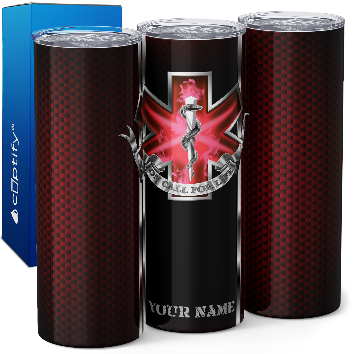 Personalized On Call for Life Red Carbon Fiber 20oz Skinny Tumbler