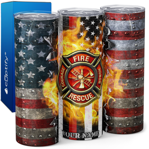 Personalized Firefighter Badge in Metallic American Flag 20oz Skinny Tumbler