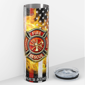 Personalized Firefighter Badge in Metallic American Flag 20oz Skinny Tumbler