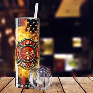 Personalized Firefighter Badge in Metallic American Flag 20oz Skinny Tumbler