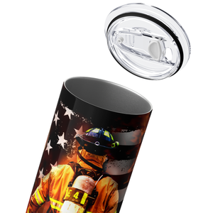 Personalized American Flag with Firefighter and Badge 20oz Skinny Tumbler