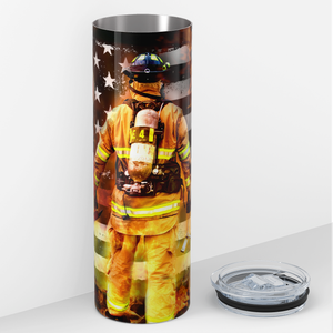 Personalized American Flag with Firefighter and Badge 20oz Skinny Tumbler